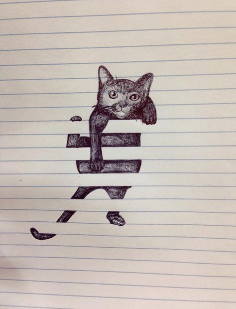 J'ai choisi se dessin car je le trouve très drôle et imaginatif sur ce dessin il y a un chat très bien dessiner et détaillée qui grimpe sur les ligne d'une feuille de cartable j'aime beaucoup le faite que le chat soit noire et qu'on voit les coup de crayon c'est  magnifique. L'artiste a eu une très bonne idée. Cat Drawing On Lined Paper, Funny Snake Drawing, Snake Drawing Simple, Fun Sketches Ideas, Sketches Cat, Fun Sketches, Art Amour, Illustration Kunst, 3d Drawings