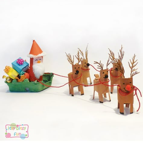 Make Santa Sleigh from toilet paper rolls and egg carton! Sleigh Craft, Santa Sleigh With Reindeer, Sleigh With Reindeer, Christmas Santa Sleigh, Toilet Paper Roll Craft, Roll Craft, Reindeer Craft, Christmas Crafts For Kids To Make, Fun Christmas Crafts