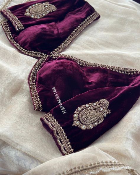 #signaturedesign @apr_vastrakala_official | Instagram Velvet Ghagra Blouse Designs, Bridal Velvet Blouse Designs, Blouse Velvet Designs, Aari Work Top Design, Velvet Blouse Designs Indian, Apr Vastrakala, Velvet Blouse Design, Blouse Designs Catalogue, Backless Blouse Designs