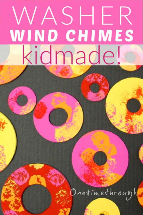 Craft Wind Chimes, Metal Washer Wind Chimes, Diy Windchime Kids, Kids Wind Chime Craft, Windchime Craft For Kids, Wind Chimes Craft Easy, Windchimes Diy Kids, Wind Crafts For Kids, Wind Chimes Craft For Kids