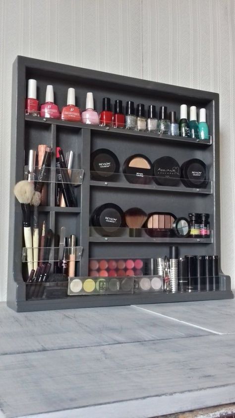 Nail Organizer, Make Up Storage, Box Desk, Desk Display, Nail Polish Storage, Nail Polish Organizer, Makeup Brush Storage, Vanity Organization, Wooden Display