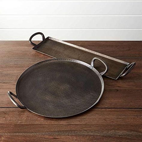 Amazon.com | Round Hammered Iron Black Serving Tray with Handles. Beautiful Black Rustic, Vintage, Farmhouse Look. Holds Foods, Breads, Decorative Centerpiece.: Platters Pretty Settings, Brewery Bar, Pottery Projects, Serve Ware, Diy Table Decor, Metal Serving Trays, Hammered Iron, Black Tray, Iron Bench