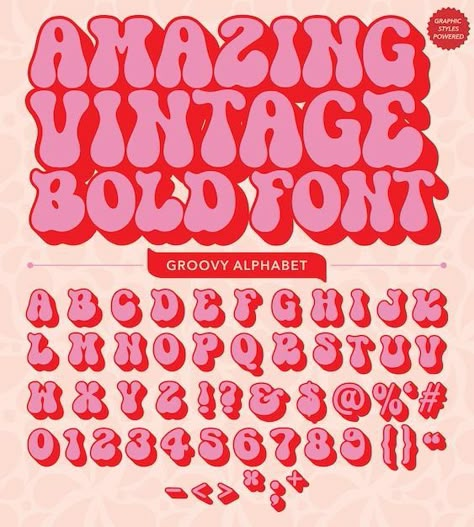 The font definitely has a vintage vibe, like 70sish and I really like the 70s. The colors are really vibrant of light pink and hot pink. I also like how they balance on the letters, numbers, and signs. It really has a 70's style. Retro Type Design, Poster Font Ideas, Retro Text Design, Creative Fonts Design, Cute Typography Design, Typefaces Typography, Brand Shapes, Cool Letter Fonts, Retro Numbers