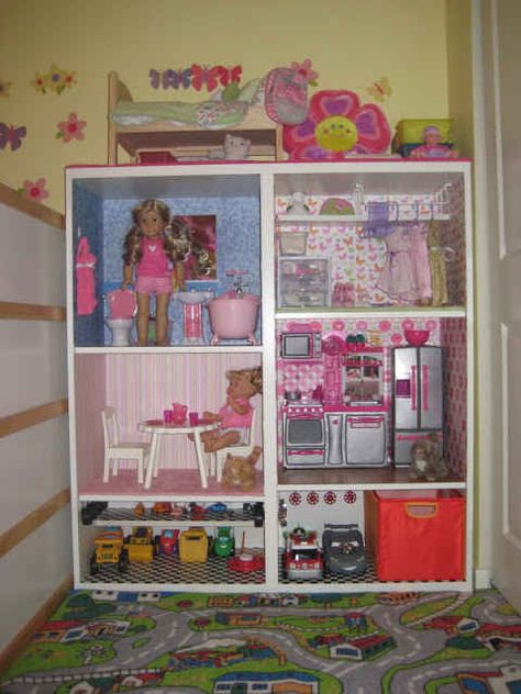 into an American Girl doll-sized playhouse. | 15 Ikea Hacks For Your Child's Dream Bedroom American Girl Storage, Ag Doll House, American Girl House, Toy Car Garage, American Girl Furniture, American Girl Dollhouse, Girls Furniture, Doll Storage, American Girl Doll House