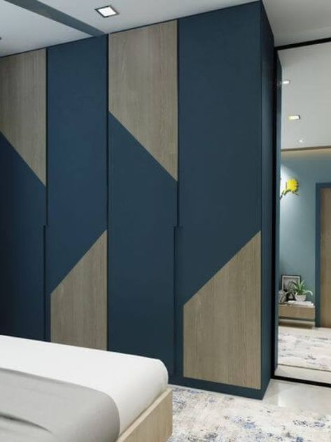 Wardrobe Pattern Design Bedroom, Wardrobe Design Pattern, Almirah Color Ideas, Dark Blue Wardrobe Bedroom, Two Tone Wardrobe, Wardrobe Sunmica Design, Wooden Almirah Design Bedrooms, Walldrop Design Bedroom, Wordroab Design