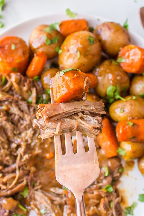 This easy homemade Crock Pot Rump Roast is a classic slow cooker recipe made with a pot roast, carrots, and potatoes. Serve with gravy! Crock Pot Rump Roast, Pot Roast Carrots, Rump Roast Crock Pot Recipes, Crockpot Rump Roast, Roast Beef Crock Pot Recipes, Roast Carrots, Rump Roast, Slow Cooker Pork Roast, Roasted Potatoes And Carrots