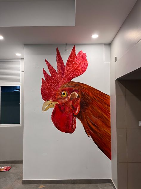 Restaurant Mural on Behance Chicken Store Design, Restaurant Painting Ideas, Chicken Shop Design Ideas, Chicken Shop Design, Chicken Mural, Restaurant Murals, Painting For Restaurant, Chicken Restaurant Logos, Blue Business Card Design