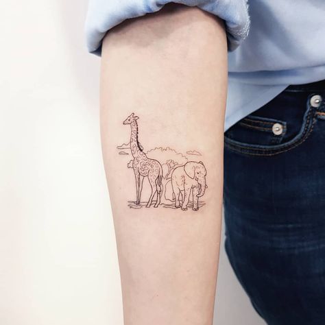 Elephant And Giraffe Tattoo, South Africa Tattoo Ideas, Africa Tattoos For Women, Minimalist Giraffe Tattoo, Kenya Tattoo, Safari Tattoo, Dainty Tattoos For Women, Small Giraffe Tattoo, Africa Tattoo