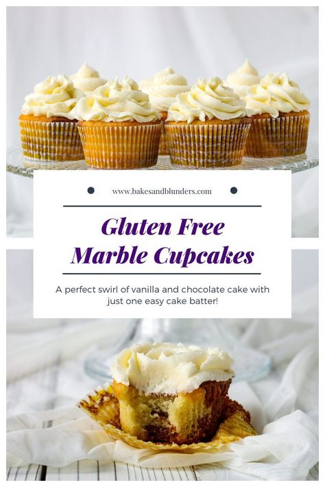 You can make gluten free cupcakes that could fool anyone with this recipe from Bakes & Blunders! Make one simple cake batter, add chocolate to half of the batch, and swirl. Easy gluten free marble cupcakes! #smallbatchdessert #glutenfreebaking Gluten Free Cupcake Recipe, Marble Cupcakes, King Arthur Gluten Free, Gluten Free Marshmallows, Df Recipes, Gluten Free Cake Recipe, Marble Cake Recipes, Cream Puff Recipe, Gluten Free Cupcakes