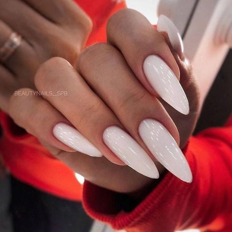 Long White Nails, Ivory Nails, Milky White Nails, White Almond Nails, White Gel Nails, Milky Nails, Edgy Nails, Pointed Nails, White Acrylic Nails