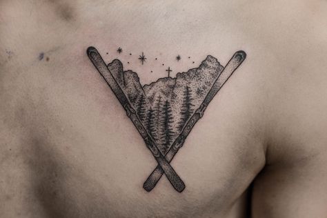 Mountains ski tattoo. dotwork / blackwork Ski Tatoos, Ski Mountain Tattoo, Mtn Tattoo, Ski Lift Tattoo, Ski Tattoo Simple, Ski Tattoo Ideas, Skiing Tattoo Ideas, Skiing Tattoos, Owen Tattoo