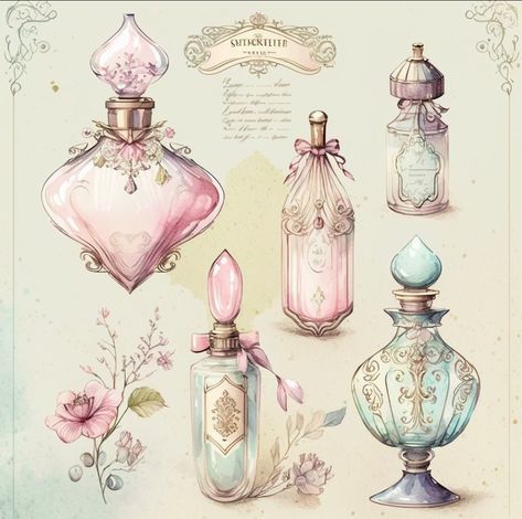 Vintage Potion Bottles Illustration, Magical Potions Art, Magic Potions Aesthetic, Magic Potion Art, Tattoo Perfume, Fairy In A Bottle, Perfume Illustration, Witch Potions, Potion Witch