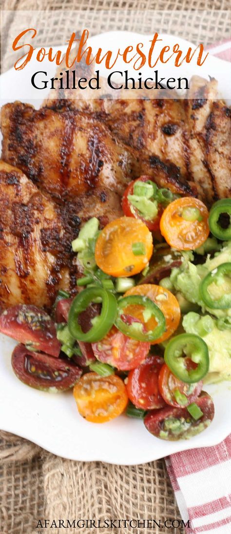 Get the grill ready this summer with Southwesten Chicken and Avocado Tomato Salad. #Southwesternchicken #grilledchicken #chickenrecipes #grillingrecipes Chicken Avocado Tomato, Recipe Chicken Thighs, Marinade Chicken, Chicken And Avocado, Easy Chicken Marinade, Southern Potato Salad, Southwestern Chicken, Southwestern Recipes, Avocado Tomato Salad