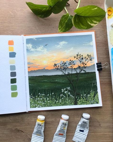 Payal ✨||✨The Simply Aesthetic on Instagram: "Gouache Landscape 3/16 in my sketchbook❤️ . ☁️Paints- @winsorandnewton @artloungein . . #gouache #gouachepainting #gouachepaint #gouacheart #gouacheillustration #gouacheartist #gouachepaintings #artofinstagram #artoftheday #artdaily #winsorandnewton" Gauche Painting, Simply Aesthetic, Gouache Landscape, Landscape Painting Tutorial, Concept Art Tutorial, Gouache Illustrations, Gouache Art, Abstract Art Painting Diy, Canvas Painting Designs