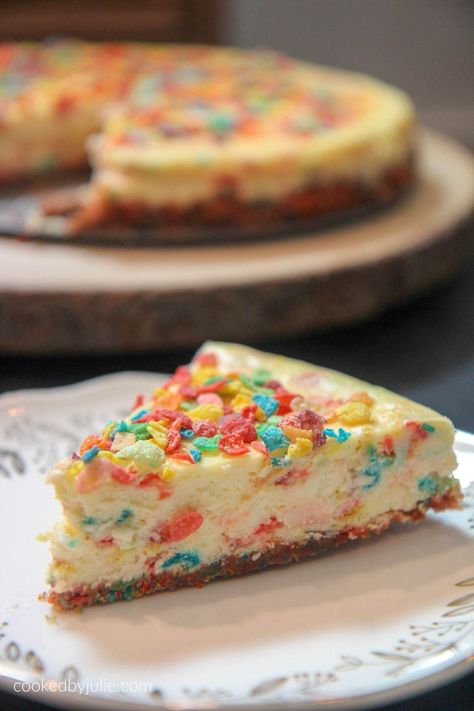 Baked Fruity Pebble Cheesecake - Cooked by Julie Cereal Cheesecake, Fruity Pebbles Cheesecake, Fruity Pebble Cheesecake, Holiday Desert, Cheesecake Cake Recipes, Fruity Pebble, Pastries Recipes, Dream Bakery, Salty Cake