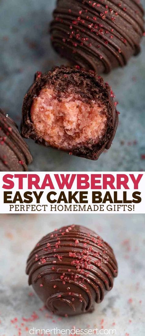 Strawberry Cake Balls made with ONLY 4 ingredients are sweet, creamy, coated in melted chocolate and incredibly easy to make! #cakeballs #truffles #cake #candy #valentinesday #dessert #dinnerthendessert Strawberry Cake Balls, Strawberry Cake Pops, Cheesecake Pops, Candy Cupcakes, Cake Ball Recipes, Dessert Truffles, Yummy Bites, Buckwheat Cake, Cake Ball