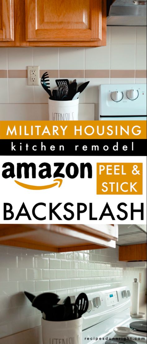 Military housing | military housing hacks | military housing decor | Temporary backsplash | renter friendly upgrades | renter kitchen makeover | subway tile | peel and stick backsplash | How I Updated My Kitchen for under $100! Military Housing Hacks Kitchen Subway Tile Backsplash, Renter Friendly Kitchen, Kitchen Subway Tile, Renters Kitchen, Renter Friendly Decorating, Renter Hacks, Rental Kitchen Makeover, Rental Home Decor, Base Housing