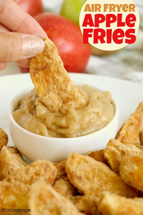 Air Fryer Apple Fries - Crisp apple wedges rolled in sweetened graham cracker crumbs and air fried until golden brown. The homemade caramel dip puts this delicious snack over the top! #bitzngiggles #airfryer #airfry #apple #wedges #fries Homemade Caramel Dip, Air Fryer Apple Fries, Apple Fries, Wedge Fries, Air Fryer Recipes Dessert, Yummy Fries, Family Desserts, Caramel Dip, Air Fried Food