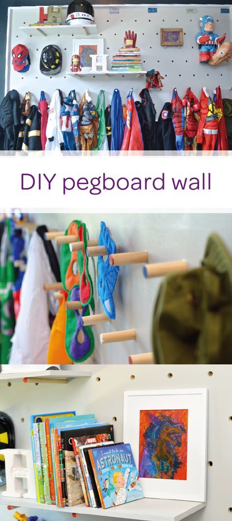 Diy Shelves Bedroom, Costume Storage, Diy Pegboard, Big Kid Bedroom, Pegboard Wall, Kids Bedroom Storage, Diy Bedroom Storage, Ideas Habitaciones, Room Organization Bedroom