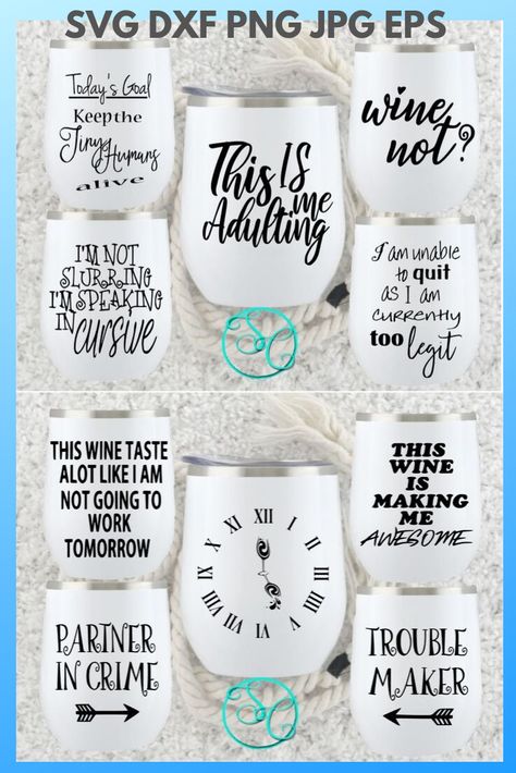 Wine Glass Design Ideas, Wine Glass Cricut Vinyl Decals, Wine Cups Vinyl Ideas, Cup Decal Ideas, Cricut Glass Projects, Decal Ideas For Cups, Glass Vinyl Ideas, Cricut Wine Glass Ideas, Customized Wine Glasses