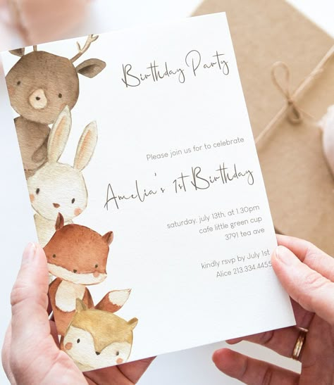 Forest Birthday Theme, Forest Animals Birthday Party, Animals Birthday Party Ideas, First Birthday Invites, Woodland Animal Party, Woodland Invitation, Woodland Invitation Birthday, Safari Birthday Party Decorations, Woodland Baby Shower Theme