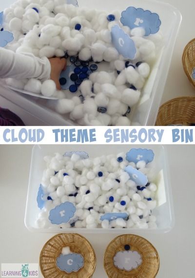 Cloud theme sensory bin- cotton wool clouds and blue gems for rain by learning 4 kids   The aim of the sensory tub is to search and find the printable cloud letters and sort them into groups “C is for Cloud” and “R is for Rain”.  Free printable clouds!!!! R Is For Rain, C Is For Cloud, Cotton Wool Clouds, How To Make Sand, Weather Activities Preschool, Cloud Activities, Weather Lessons, Preschool Weather, Sensory Tubs