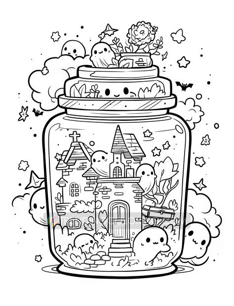 101 Kawaii Halloween in Jar Coloring Pages - Instant Download Libros Aesthetic, Fargelegging For Barn, Chibi Coloring Pages, Halloween Jars, Mini Printer, Detailed Coloring Pages, صفحات التلوين, Cute Doodles Drawings, Halloween Coloring Pages