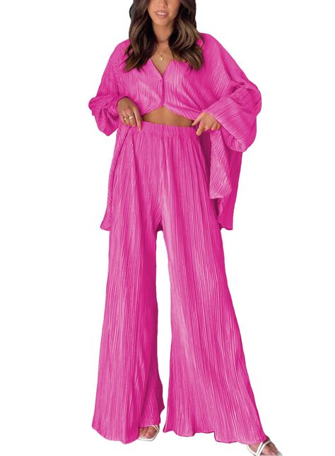 PRICES MAY VARY. 2 Piece outfits for women includes a pleated long sleeve button down shirt and a pair of high waist palazzo pants. Pleated button down shirt features collared style, long sleeves with buttoned cuffs, functional front buttons, lettuce hem. Pleated palazzo pants features ankle length, relaxed fit, thick elasticated waistband, high waist, wide-leg style, lettuce hem. Material: Womens loungewear set is made of Plisse which is lightweight, breathable and wrinkle free. The premium fab Loungewear Set, Womens Loungewear, Palazzo Pants, Button Down Shirt, Long Sleeve, Pants, Trousers