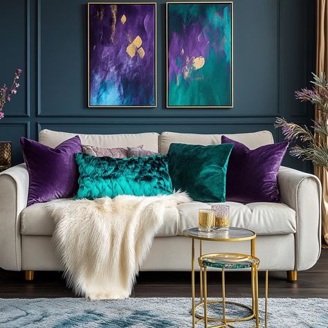 Image Turquoise And Gold Living Room, Purple And Gold Living Room, Purple Velvet Couch, Jewel Tone Living Room, Purple Living Room Ideas, Blue And Gold Living Room, Peacock Bedroom, Green Living Room Decor, Purple Living Room