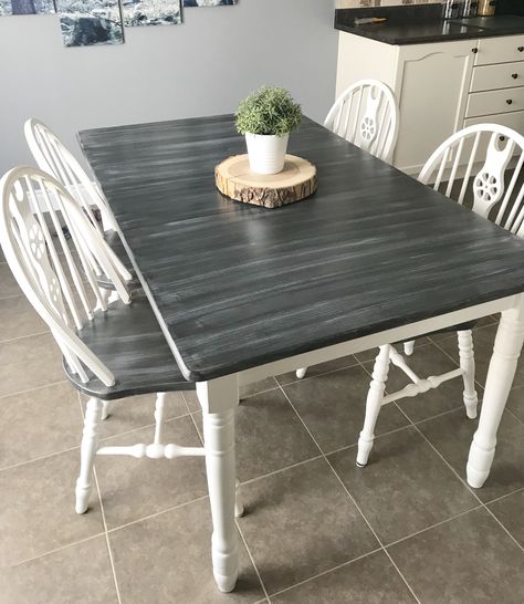 Chalk painted table and chairs. Used Rust-Oleum’s Chalked in Charcoal Grey and Country Grey, white and black paint. Trick is mixing with water. Finished with semi-gloss water-based polyurethane. Black And Gray Dining Table, Kitchen Table With Grey Floors, Black And Grey Kitchen Table, Black And Grey Dining Table, Grey Stained Wood Table, Chalk Paint Dining Table, Chalk Paint Kitchen Table, Grey Kitchen Table, Table Finishes