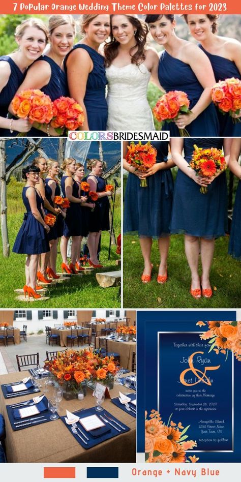 Wedding Theme Color Palettes, Theme Color Palettes, Orange And Navy Blue Wedding, Color Palettes 2023, Orange And Navy Wedding, Orange Grey Wedding, Orange Wedding Theme, Blue And Orange Wedding, Blue Orange Weddings