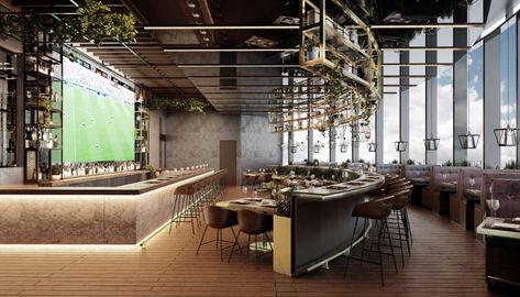 Sports Bar Design on Behance Sports Club Interior Design, High End Sports Bar, Industrial Sports Bar, Modern Sports Bar Design, Sports Bar Interior Design, Outdoor Sports Bar, Sports Bar Interior, Modern Sports Bar, Sports Bar Design