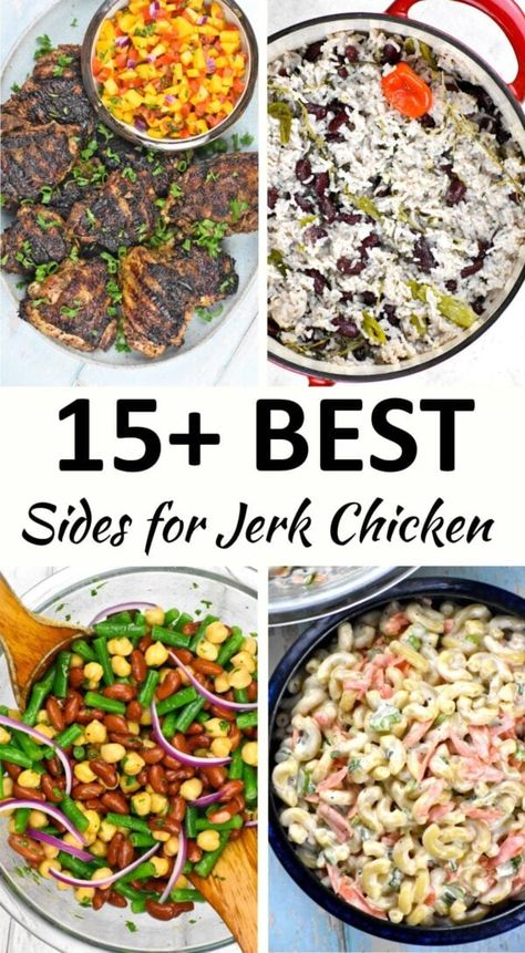 Sides For Jerk Chicken, Jerk Chicken Sides, Sides For Fried Chicken, Chicken Rice And Peas, Jerk Chicken And Rice, Chicken Macaroni Salad, Caribbean Chicken, Sides For Chicken, Jerk Chicken Recipe