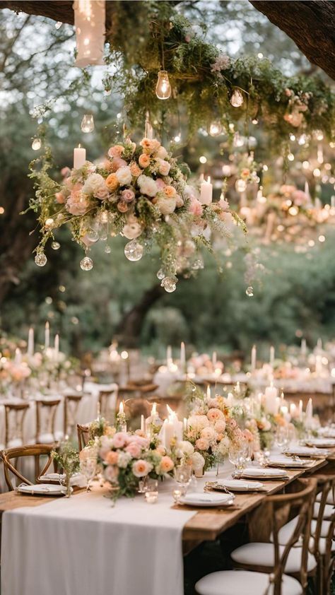 Spring Wedding Locations, Wedding Reception Garden Theme, Enchanted Wedding Flowers, Mystical Garden Wedding Theme, Christmas Lights Wedding Reception, Garden Wedding Inside, Floral Wedding Chandeliers, Wedding Aesthetics Color Schemes, Intimate Garden Wedding Reception