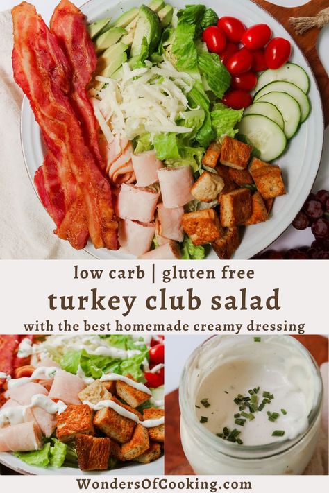 Turkey Club Salad is a fun take on the classic turkey club sandwich, but in salad form. It’s the perfect lunch for if you’re following a low carb diet (you can totally ditch the bread completely by excluding the croutons), or you’re just plain tired of sandwiches.

Crispy bacon, rolled turkey lunch-meat, shredded Monterey Jack cheese, cucumber slices, cherry tomatoes, creamy avocado slices, homemade gluten-free croutons, crispy romaine lettuce, and the best Homemade Creamy Dressing. Lunch Meat Wraps, Club Salad Recipe, Meal Prep Gluten Free, Rolled Turkey, Salad With Creamy Dressing, Club Salad, Turkey Club Sandwich, Turkey Salad Recipe, Turkey Lunch