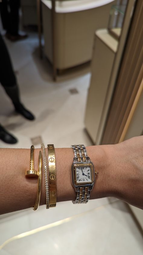 Cartier Panthere Watch, Watch Stack, Watch Outfit, Bracelet Inspo, Cartier Panthere, Indie Jewelry, Cartier Watch, Classy Jewelry, Stacked Jewelry