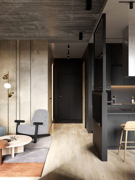 HOME DESIGNING: 2 Small Apartment Layouts With Deliciously Dark Decor Ideas - Contemporary Designers Furniture – Da Vinci Lifestyle Small Apartment Layout, Dark Interior Design, Glass Room Divider, Dark Grey Kitchen, Black Living Room, Apartment Layout, Modern Houses Interior, Dark Interiors, Grey Kitchens