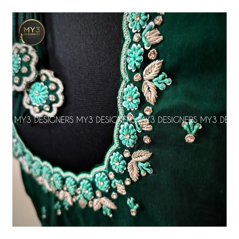 Thread Maggam Work Blouses, Knot Work Embroidery Blouse, Green Colour Blouse Designs, Embroidery Blouse Designs Thread, Only Thread Work Blouse Designs, Thread Work Blouse Designs, Aari Blouses, Green Blouse Designs, Thread Work Blouse