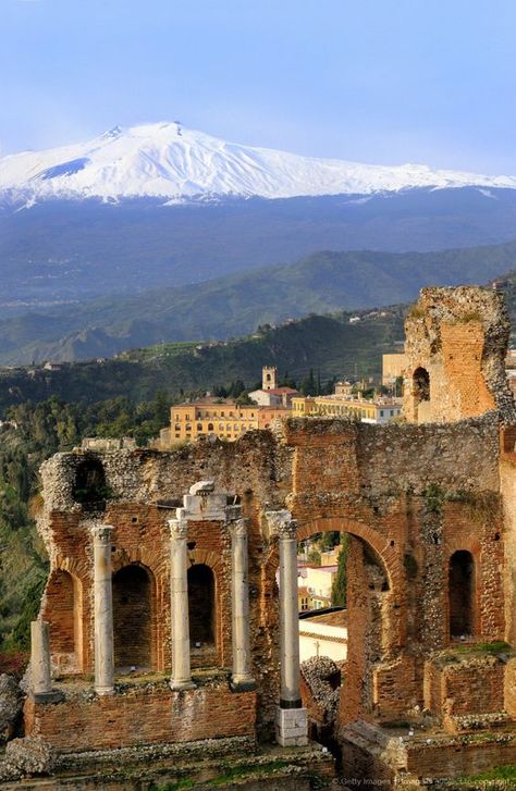 Ruins of Greek Theatre w/Mt Etna in the Background--Taormina, Sicily Mount Etna Sicily, Lipari Italy, Sicily Taormina, Roman Amphitheatre, Mt Etna, Greek Theatre, Taormina Sicily, Italy Sicily, Mount Etna