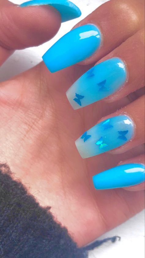 Butterfly Acrylic Nails, Taylor Swift Nails, Butterfly Nail Designs, August Nails, Graduation Nails, Blue Nail Designs, Almond Acrylic Nails, Butterfly Nail, Curly Hair Tips