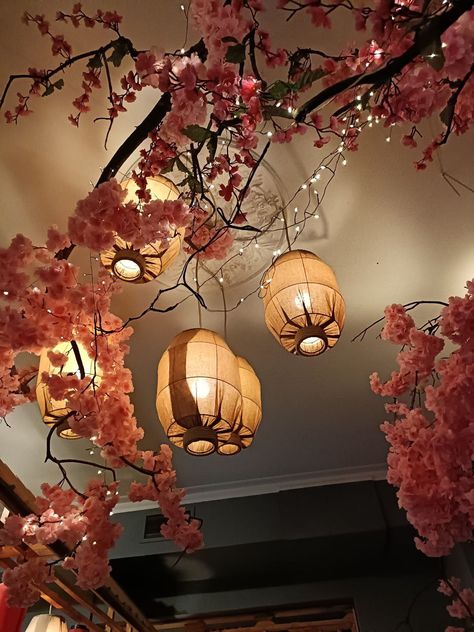 Cherry Blossom Room Decor Aesthetic, Light Up Cherry Blossom Tree, Japanese Theme Room Ideas, Cherry Blossom Event Decor, Hanging Cherry Blossoms, Hanging Cherry Blossom Decor, Sakura Bedroom Aesthetic, Cherry Blossom Tree Room Decor, Japan Decoration Party