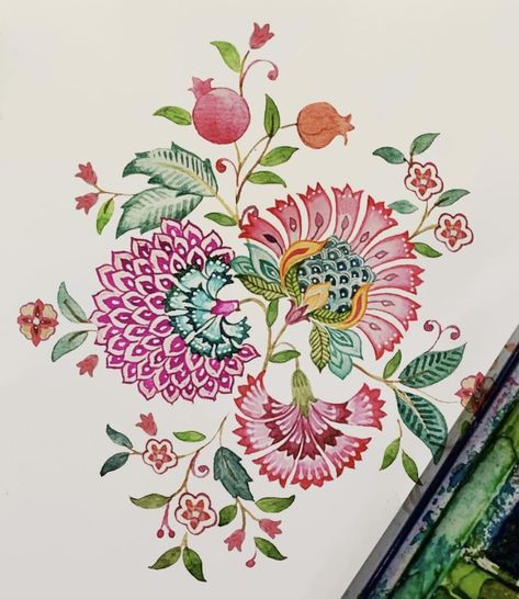 Mughal Inspired Motifs, Indian Flower Painting, Mughal Motifs Design Patterns, Chintz Flower, Indian Floral Motifs, Chintz Motifs, Indian Flowers, Folk Art Flowers, Textile Prints Design