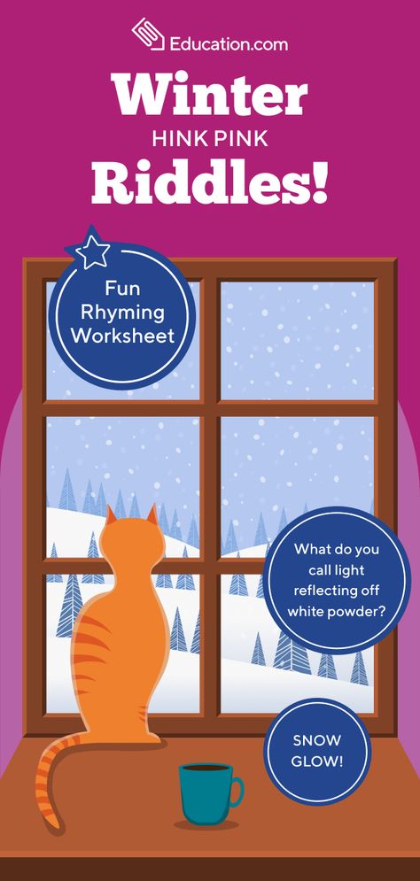 A "hink pink" is a riddle whose answer is a pair of rhyming words. Teach kids about rhyming, syllables, and synonyms with these fun brain-teasers. Kids Crossword Puzzles, Rhyming Worksheet, Rhyming Riddles, Ixl Learning, Puzzle Worksheet, Multiplication Activities, Winter Writing, Mazes For Kids, Word Puzzle