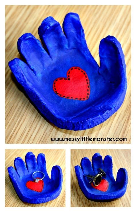 Salt dough handprint bowl keepsake. Follow our simple instructions to make a hand shaped dish from salt dough for rings, cufflinks, coins or keys. A great kid made gift idea for mothers day, fathers day, valentines day or christmas. Salt Dough Handprints Keepsake, Salt Dough Handprints, Salt Dough Handprint, Salt Dough Crafts, Salt Dough Recipe, Memory Gifts, Ring Bowl, Clay Cup, Manual Work