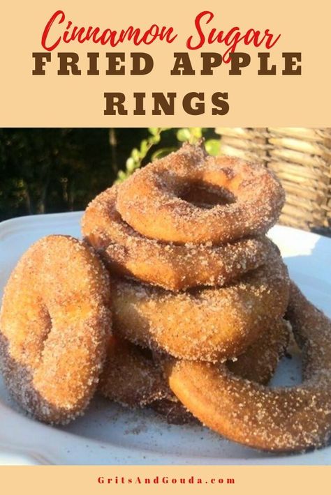 These Cinnamon-Sugar Fried Apple Rings taste like a cross between an apple fritter, apple pancake, and a cinnamon-sugar coated apple cider doughnut with the bonus of having a slice of apple in the middle! Fried Apple Rings, Cinnamon Apple Rings, Apple Cider Doughnut, Apple Doughnut, Cinnamon Sugar Tortillas, Cinnamon Sugar Apples, Fried Apple, Apple Donuts, Apple Rings