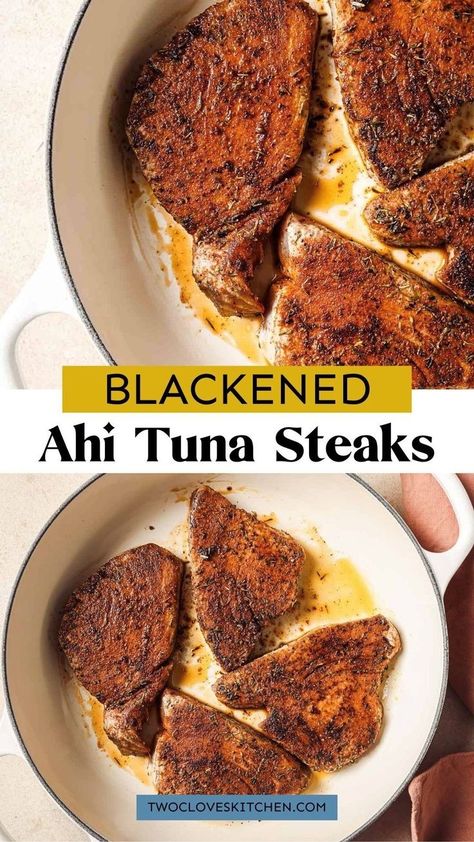 Simple blackened ahi tuna steaks for a delicious fall dinner. These flavorful blackened ahi tuna steaks are marinated in a smoky spice blend and seared to perfection, combining bold spices with tender ahi tuna for a delicious meal. The best blackened ahi tuna steak pan seared in cast iron skillet or frying pan. Add this to your main dish recipe or fall dinner recipes for weeknight treat or delicious dinner idea for a special occasion. Sheet Pan Tuna Steak, Ahi Recipes Dinners, Pan Seared Tuna Steak Recipes, Ahi Tuna Recipes Steak, How To Cook Ahi Tuna Steak, Steak Pan Seared, Blackened Ahi Tuna, Ahi Recipes, Cooking Ahi Tuna