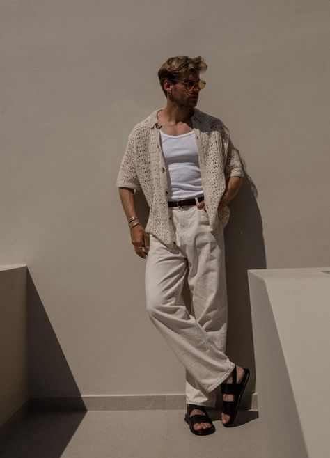 Men Greece Fashion, European Guy Outfits, Latin Fashion Men, Men’s Beach Fashion 2024, Men Summer Style 2024, Summer 70s Outfits Men, Soft Natural Kibbe Men, Winery Outfit Men, Beach Wedding Men’s Outfit