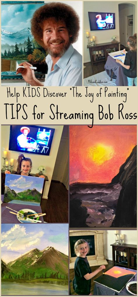 Here are a GREAT TIPS for painting with Bob Ross, and helping your child to paint along… We have used the episodes as a private art class! Painting along with Bob Ross is actually really easy to do, and a lot of fun. But helping kids to paint with Bob Ross takes a little bit of extra planning! Painting With Bob Ross, Easy Bob Ross Painting Tutorial, Bob Ross Painting Party, Bob Ross Paintings Tutorials Easy, Bob Ross Episodes, Bob Ross Painting Videos, Class Painting, Bob Ross Art, Nanny Life