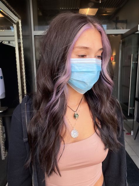 Long hair with face frame highlight and toned lavender/pearl