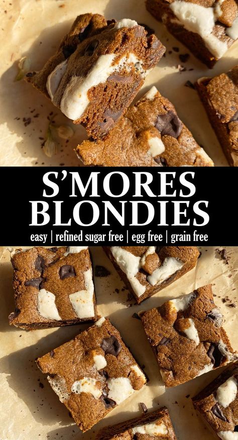 These s'mores blondies are paleo and vegan friendly - no gluten, grains, eggs or dairy. They're made in a small loaf pan, loaded with mini marshmallows and chunks of dark chocolate and perfect for a simple summer dessert. Vegan Dessert Bars Recipes, Vegan Dessert Bars, Vegan Gluten Free Desserts, Dairy Free Cookies, Homemade Graham Crackers, Grain Free Desserts, Eggless Desserts, Paleo Cookies, Eggless Recipes